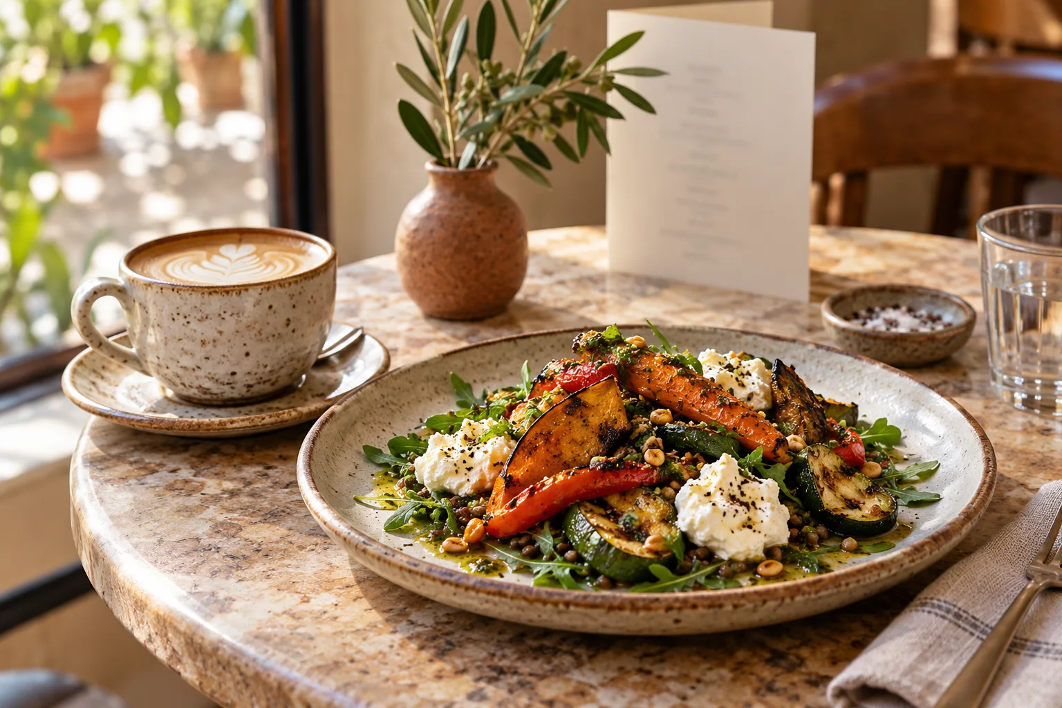 A café menu beside coffee and a lunch dish
