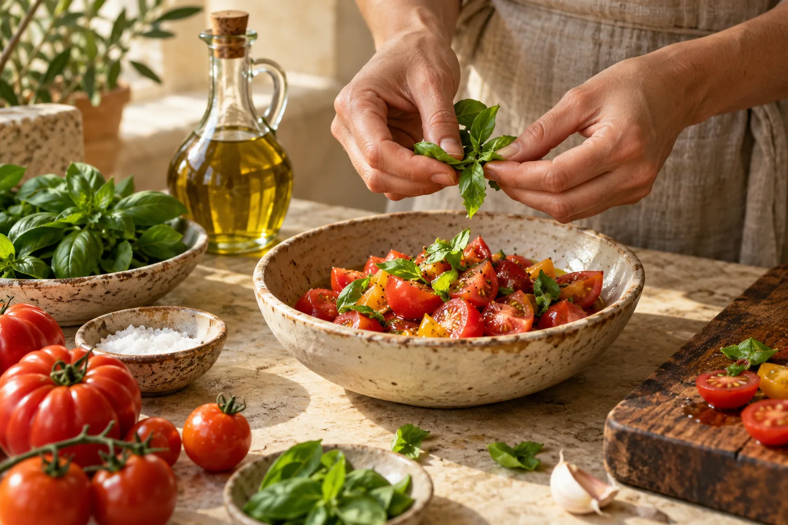 Illustrative sunlit kitchen scene with fresh ingredients