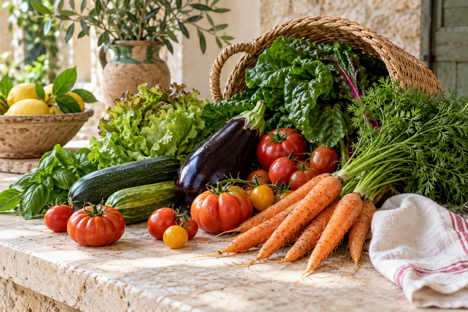 Illustrative sunlit kitchen scene with fresh ingredients